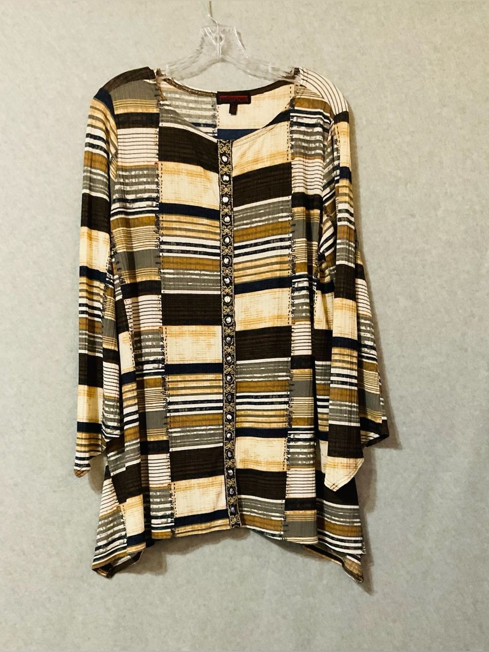 Mishca Women's Striped Button-Trim Blouse - Brown, Cream & Navy Sz XL